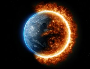 A planet resembling Earth is shown with one half covered in ice and the other engulfed in bright orange flames, symbolizing the balance a Building Automation System could bring, set against a stark black background.