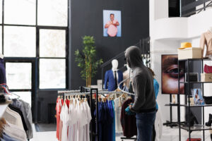 A person in a hoodie browses clothing racks in a modern retail store with mannequins, fashion displays, and large windows enhanced by a Building Automation System.