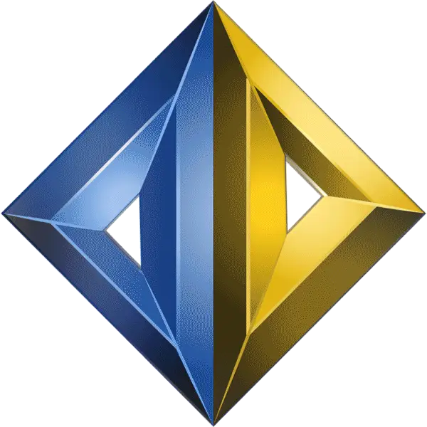 A 3D abstract geometric shape, like two interlocking pyramids, showcases the efficiency found with the best HVAC companies near me. The left pyramid is blue and the right is yellow, each with a triangular cutout creating a diamond-like look. A blue background highlights their glossy surfaces.