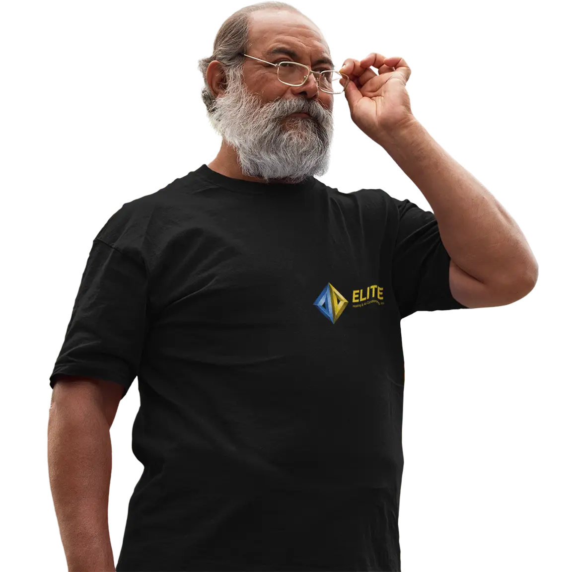 An older man with a gray beard adjusts his glasses, wearing a black t-shirt featuring a blue and yellow diamond-shaped logo with the word ELITE. He seems ready to tackle any challenge, much like the top commercial HVAC repair experts would handle your cooling needs. The background is a neutral gradient.