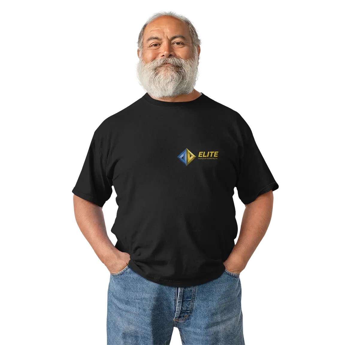 A bearded man with gray hair, reminiscent of a leading expert from the best HVAC companies near me, stands confidently with hands in pockets. He sports a black T-shirt featuring a yellow and blue ELITE logo and blue jeans. The blurred abstract background highlights him as the central focus.