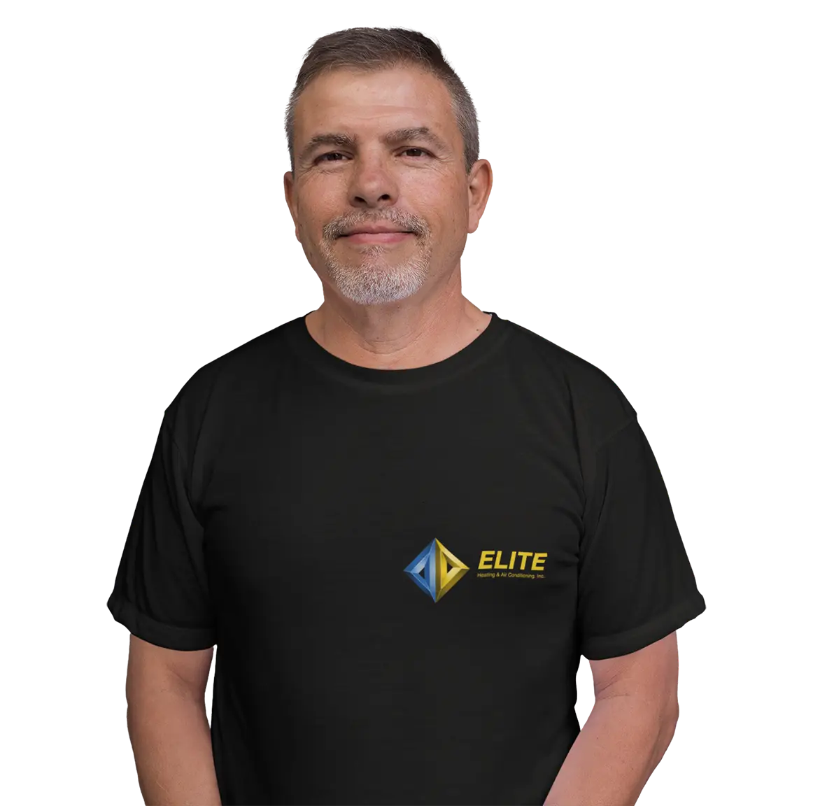 A middle-aged man with short gray hair and a goatee is wearing a black t-shirt with a logo on the chest. The logo features a blue and yellow geometric shape next to the word ELITE in yellow text, hinting at one of the best HVAC companies near me. The background is white.