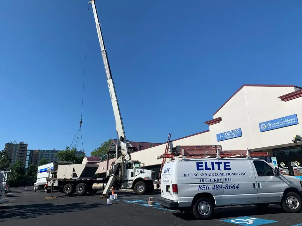 It sounds like a productive day for your team with clear skies providing ideal conditions for the installation. Ensuring that such large equipment is lifted safely and accurately requires a lot of coordination, so having your branded vans nearby likely reassures clients of your professional presence and capabilities. If you haven't already, consider sharing updates or photos on your company’s social media or website to showcase the scale and professionalism of this installation. This can highlight your expertise in handling significant projects and attract potential clients who may need commercial air conditioning services in New Jersey. Make sure all safety protocols are followed during the lift to ensure a smooth process for both your team and anyone around, such as the visitors at Lourdes Urgent Care.