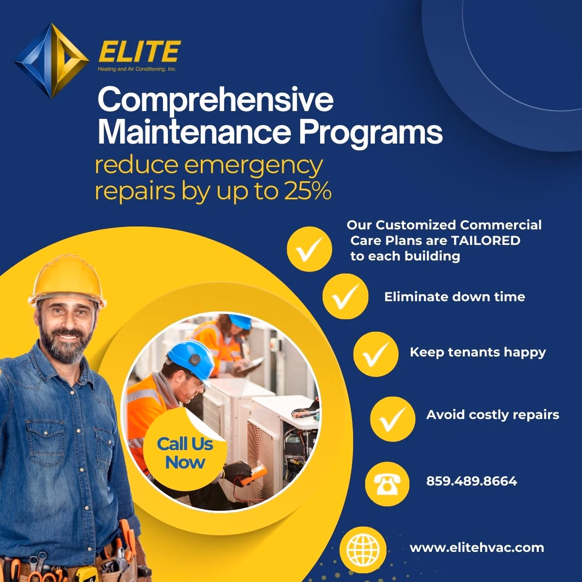 Elite Heating and Air Conditioning Inc. offers comprehensive maintenance programs for commercial HVAC systems, reducing emergency repairs by up to 25%. Perfect for South Jersey businesses, our services ensure fewer power outages. See our skilled workers in action and call us now at 859.489.8664 or visit www.elitehvac.com.