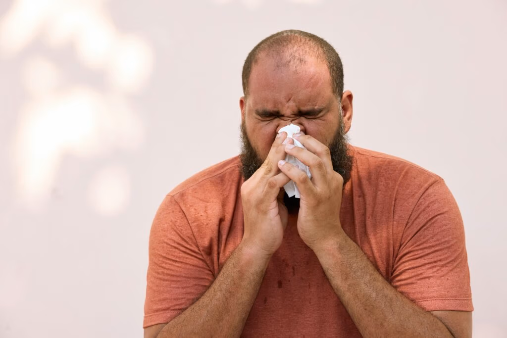 A man with a beard, wearing a rust-colored T-shirt, stands against a plain light background. He closes his eyes and holds a tissue to his nose, possibly affected by poor indoor air quality often found in commercial buildings with inadequate HVAC systems.