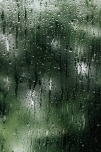 Raindrops and streaks of water on a foggy window hint at high humidity, with a blurred green outdoor background visible through the glass—common in commercial buildings requiring regular building maintenance.