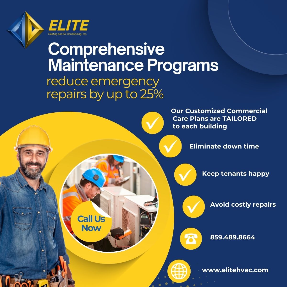 A promotional graphic for Elite HVAC features workers in hard hats, a phone icon, and text highlighting Smart HVAC Strategies—tailored plans that lower NJ Commercial Energy Costs, reduce repairs, boost tenant satisfaction, save costs, and provide a contact number.