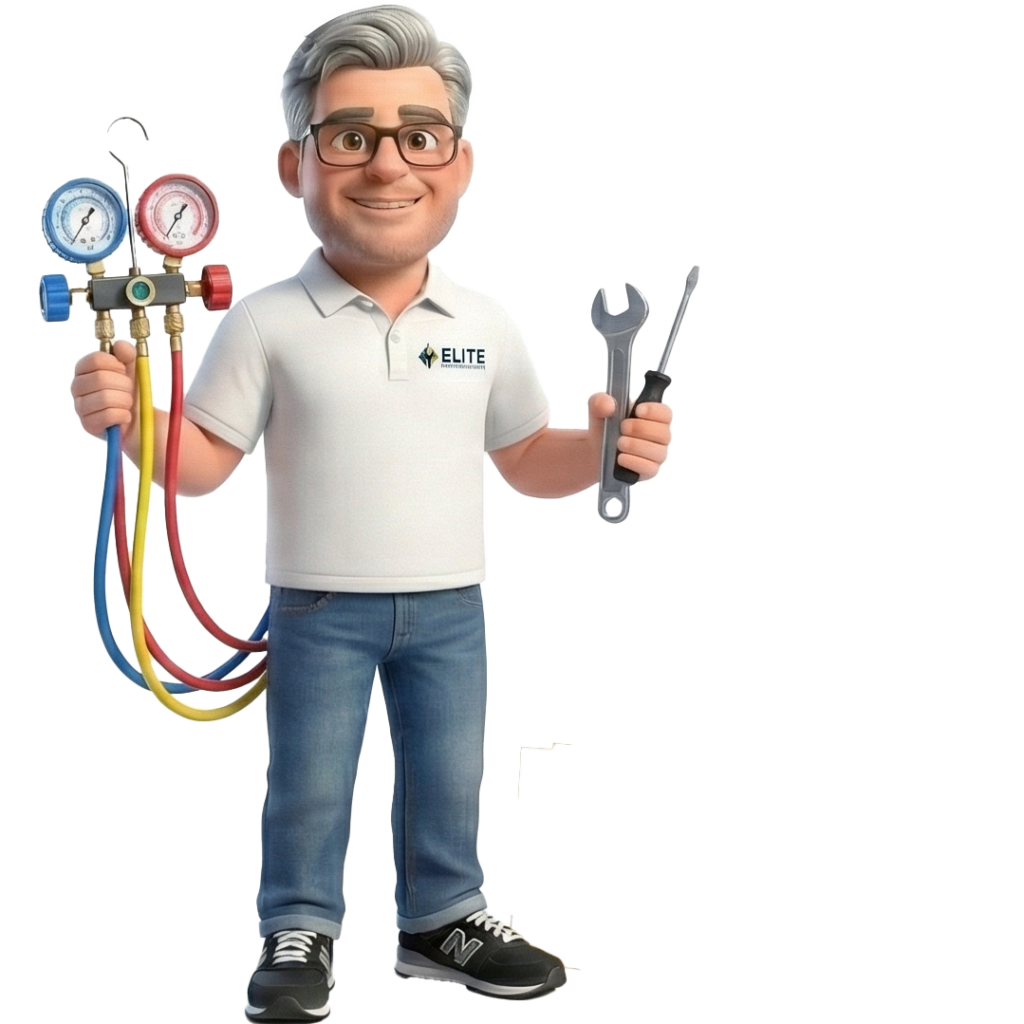 Cartoon technician in glasses holds an HVAC manifold gauge, wrench, and screwdriver while wearing an Elite polo shirt, jeans, and sneakers—ready to tackle any Single Service call.