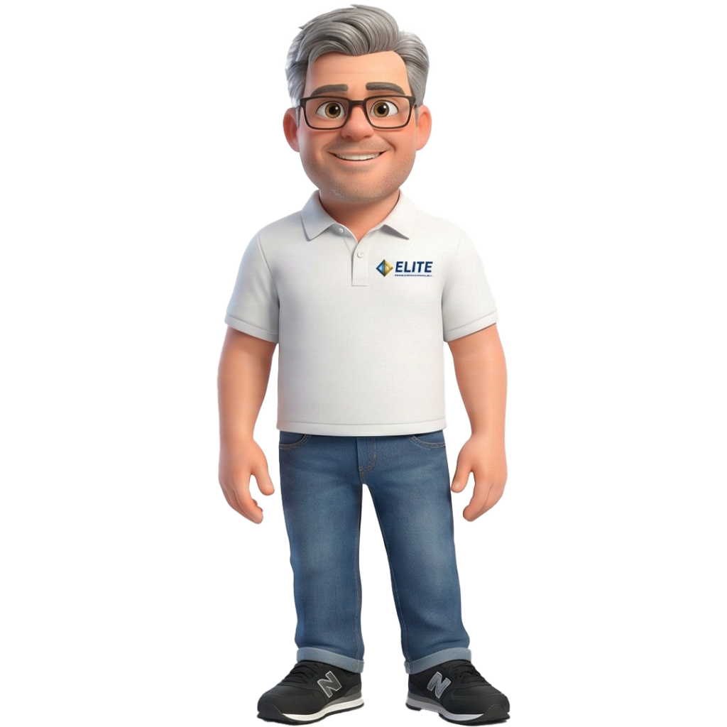 3D-rendered man with gray hair, glasses, and a beard wears a white ELITE Single Service polo shirt, blue jeans, and black sneakers, standing and smiling.