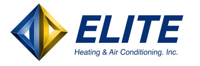 Logo for Elite Heating & Air Conditioning, Inc., featuring a blue and gold geometric diamond shape next to the company name in blue text.