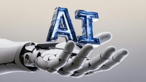 A robotic hand holds up the letters AI made of glass or crystal, capturing unusual moments in artificial intelligence technology as we look toward 2025.