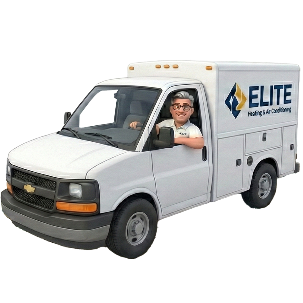 Illustration of a smiling man in an Elite Heating & Air Conditioning service van, wearing glasses and a company shirt, looking out the driver’s window—ready to assist with Service Locator expertise.