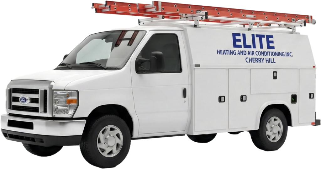 A white service van with a red ladder on top and Elite Heating and Air Conditioning Inc. Cherry Hill printed on the side.