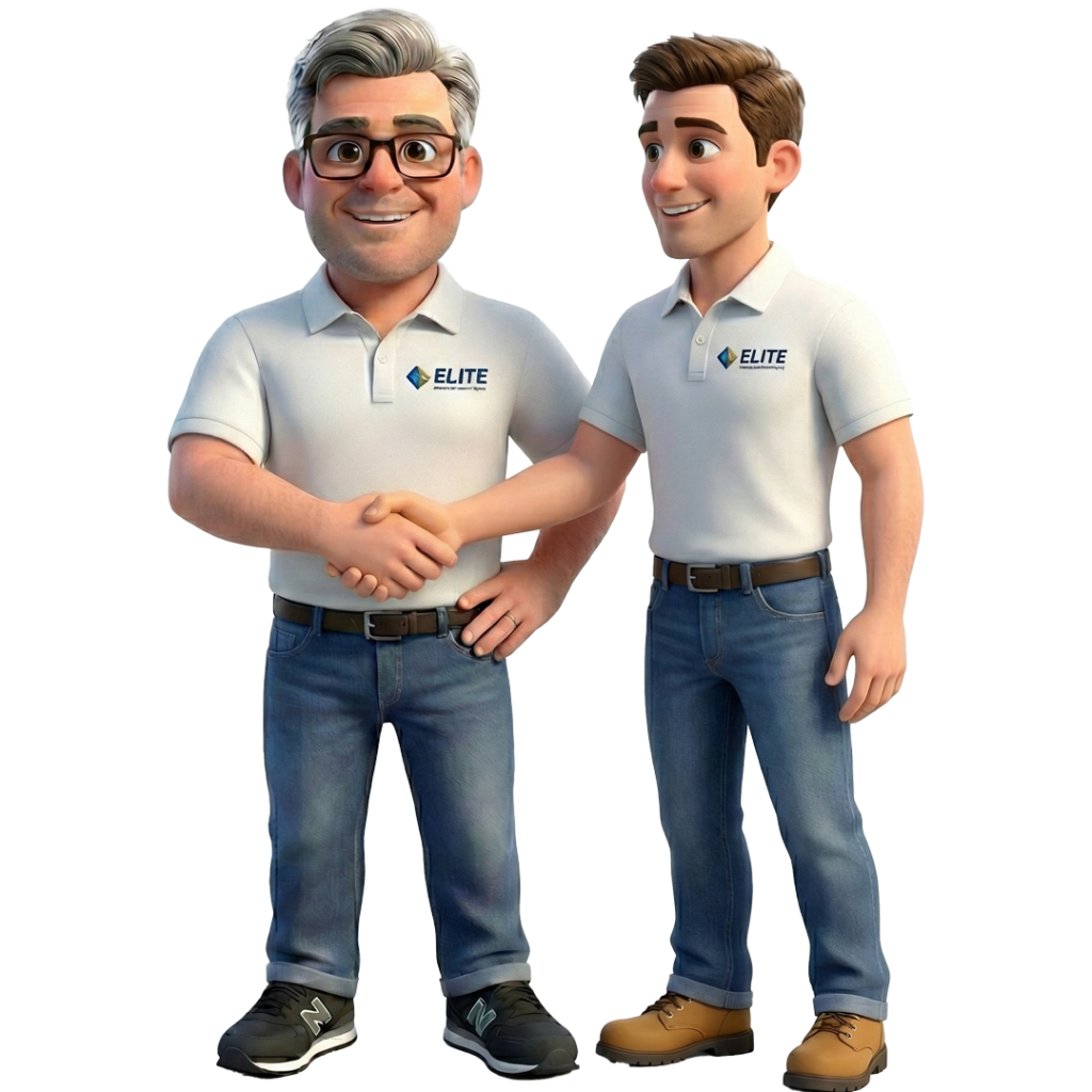 Two cartoon men wearing Elite logo polo shirts and jeans are shaking hands and smiling, standing side by side against a plain background.