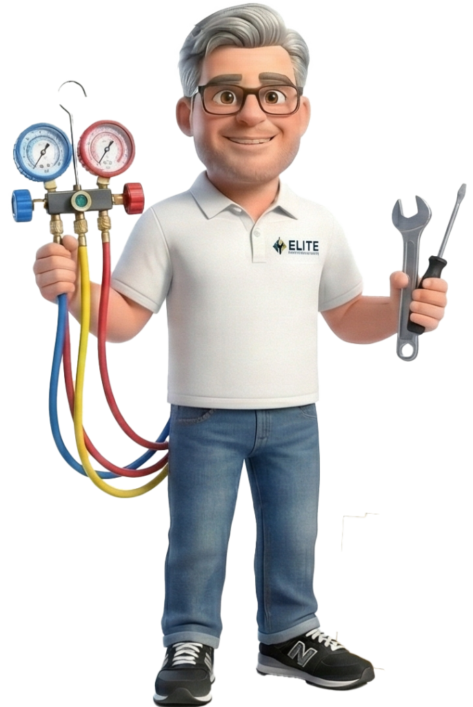 3D cartoon technician in a white Elite polo shirt and jeans holding HVAC gauges, a wrench, and a screwdriver, smiling and standing upright.