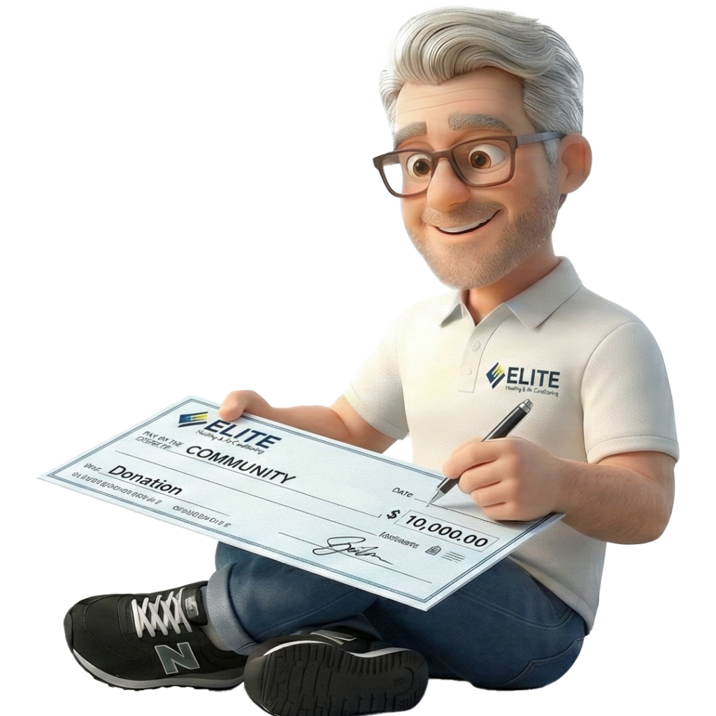 Animated man with glasses and gray hair sits cross-legged, smiling and holding a large check labeled Donation for $10,000, wearing a shirt with an Elite company logo—proudly supporting the community.