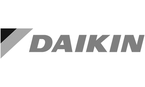 Daikin logo in grayscale, featuring the brand name in bold, italicized letters and a stylized triangular shape on the left.