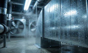 Large industrial HVAC ventilation ducts covered in condensation, with visible moisture collecting and dripping, in a mechanical room—potential hidden costs property management should monitor closely.