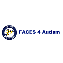 FACES 4 Autism logo featuring a yellow puzzle piece ribbon inside a circle with the organization’s name, next to the text FACES 4 Autism in blue font, symbolizing support and community.