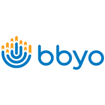 BBYO logo with a blue stylized menorah and orange flames on the left, symbolizing community, followed by the lowercase blue text bbyo on a white background.