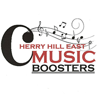 Logo for Cherry Hill East Music Boosters featuring musical notes and stylized text in black and red, celebrating a vibrant community of music enthusiasts.