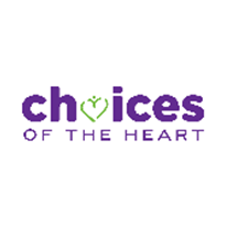 Logo for Choices of the Heart, featuring "choices" in purple letters with a green heart symbol forming the letter o; "OF THE HEART" is written below in purple uppercase, reflecting a sense of community and support.