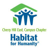 Logo of Cherry Hill East Campus Chapter, Habitat for Humanity, featuring three stylized human figures under a green roof shape, symbolizing community, with text below.