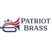 Logo for Patriot Brass showing a stylized trumpet with red stripes and three stars, highlighting community spirit, with the group name in blue capital letters to the right.