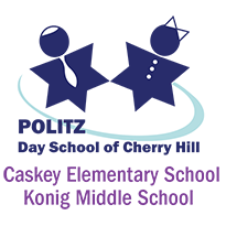 Logo for Politz Day School of Cherry Hill, symbolizing community with two star-shaped figures—one with a tie and one with a crown—above the names Caskey Elementary School and Konig Middle School.