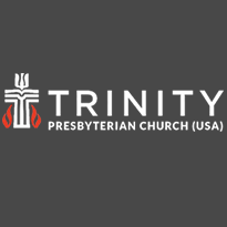 Logo of Trinity Presbyterian Church (USA) featuring a stylized white cross, red flame designs, and the church name on a dark gray background, symbolizing faith and community.