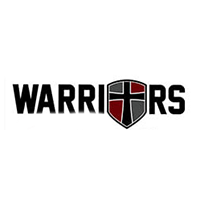 The word WARRIORS in black capital letters features a shield design replacing the O; the shield, with a black and red cross pattern, symbolizes unity and strength within the community.