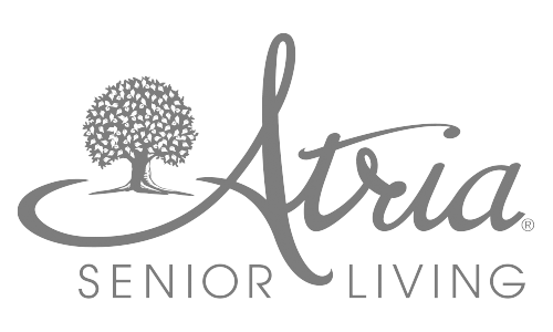 Atria Senior Living logo in gray, featuring a stylized tree to the left and elegant cursive lettering above the words Senior Living.