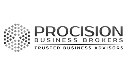 Logo for Precision Business Brokers with the tagline Trusted Business Advisors and a circular dotted design on the left.