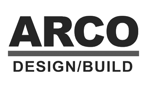 ARCO Design/Build logo in black and white, with ARCO in bold uppercase letters above DESIGN/BUILD in smaller letters.