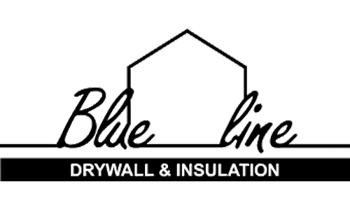 Black and white logo with Blue line in script and a house outline above DRYWALL & INSULATION in capital letters.