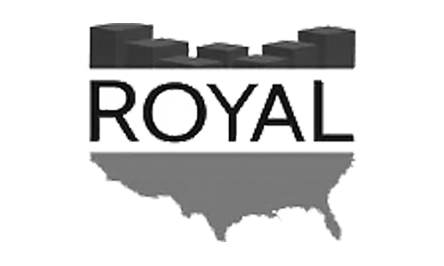 Black and white logo with the word ROYAL in bold letters, a crown graphic above, and a silhouette of the contiguous United States below.
