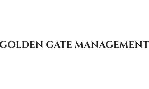 The image shows the text GOLDEN GATE MANAGEMENT in uppercase letters with a striped, grayscale pattern.