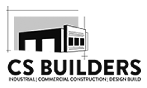 Black and white graphic of a building with large doors and windows, accompanied by bold, stylized text below.