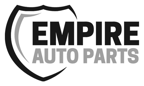 Black and white logo with a shield outline and the words Empire Auto Parts in bold, with Empire in black and Auto Parts in gray.
