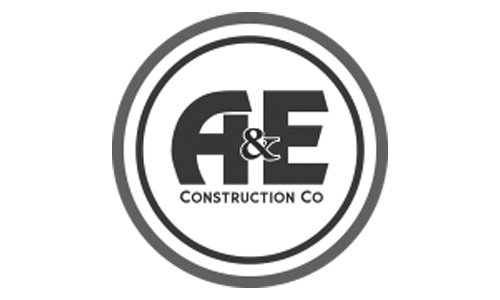 Circular black-and-white logo with the text A&E Construction Co in bold letters inside, surrounded by a double outer border.