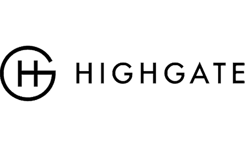 The image shows the Highgate logo with a circular symbol containing a stylized H to the left of the word HIGHGATE in bold, black capital letters.