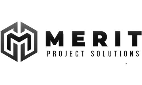 Logo for Merit Project Solutions featuring a hexagonal emblem with an M on the left and the company name in bold text to the right.