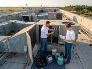 Two technicians in white shirts inspect and service rooftop HVAC units with tools, gauges, and 2026 refrigerants, retrofitting older plants for improved efficiencyāan essential upgrade for South Jersey facilities.