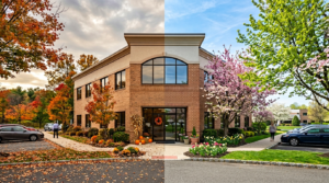 A two-story office building, representing South Jersey businesses, stands with its surroundings split between autumn on the left and spring on the right, highlighting the impact of seasonal changes on corrosion prevention.