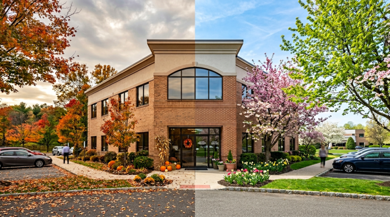 A two-story office building, representing South Jersey businesses, stands with its surroundings split between autumn on the left and spring on the right, highlighting the impact of seasonal changes on corrosion prevention.