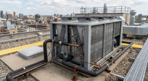 Large rooftop HVAC unit with exposed pipes and coils, featuring corrosion prevention measures, situated on a flat roof with a city skyline in the background under a partly cloudy skyāideal for South Jersey businesses.