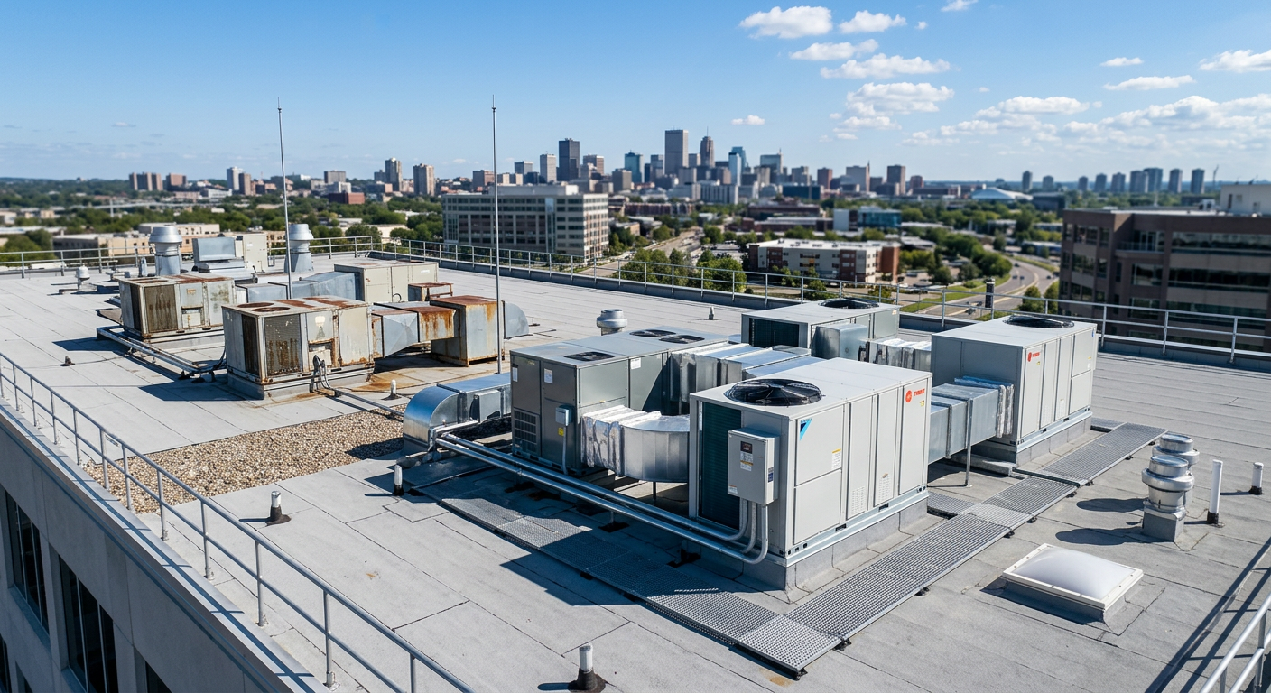 Rooftop HVAC units and ventilation systems on a commercial building help South Jersey businesses stop corrosion, all set against a city skyline under a blue sky.