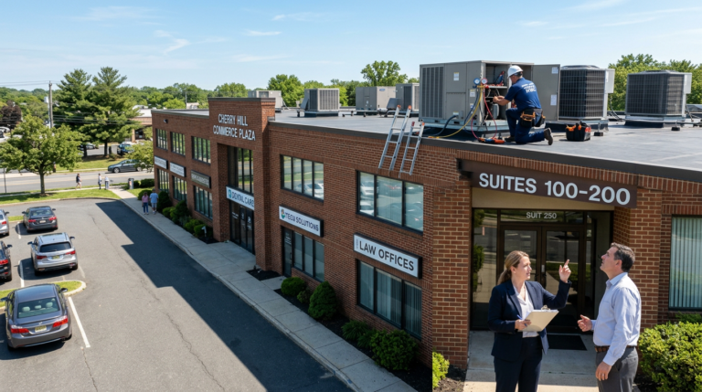 A technician works on HVAC equipment—ensuring corrosion prevention—on the roof of a commercial building while two professionals converse in the parking lot below.