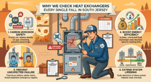 Technician inspects a furnace in a home, with illustrated tips explaining the benefits of annual heat exchanger checksāincluding corrosion preventionāfor safety, efficiency, reliability, and extended system lifespan.