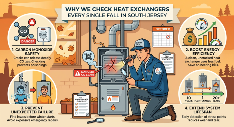 Technician inspects a furnace in a home, with illustrated tips explaining the benefits of annual heat exchanger checks—including corrosion prevention—for safety, efficiency, reliability, and extended system lifespan.